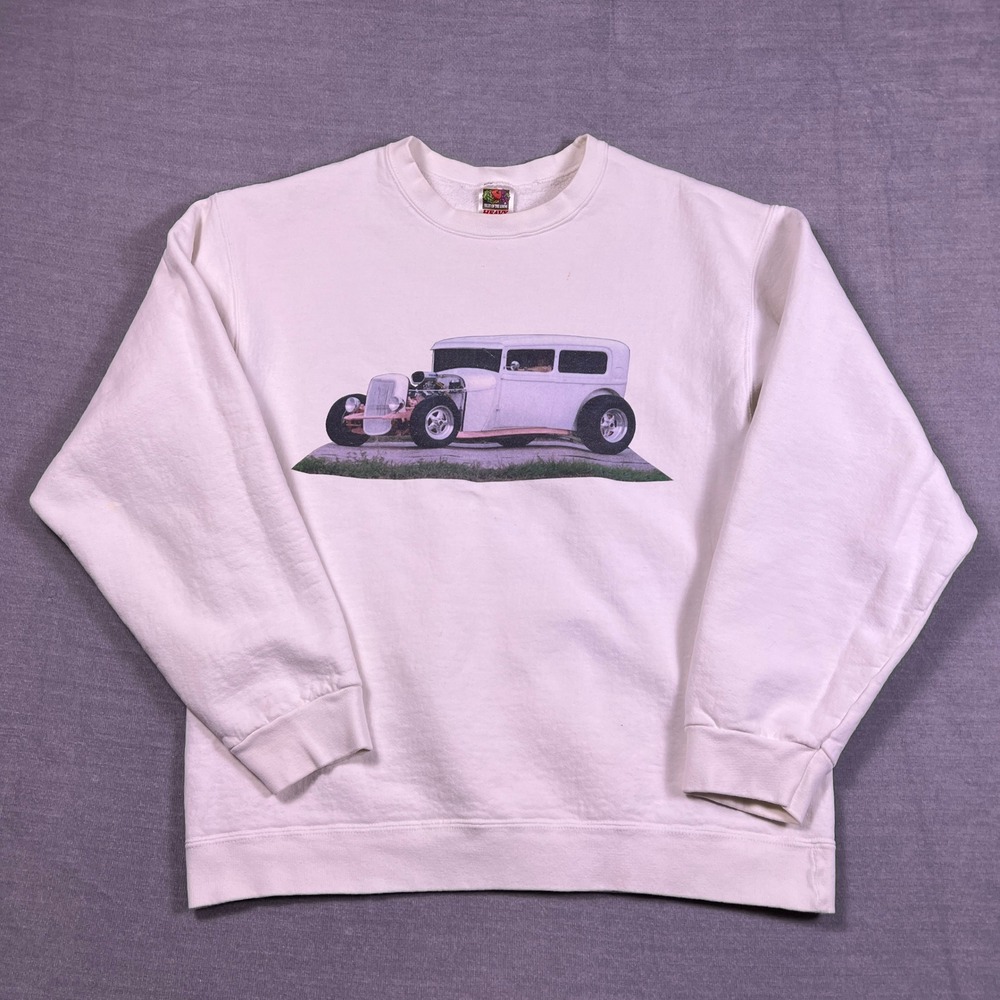 Fruit of the Loom Vintage Hot Rod Car Graphic Sweatshirt Mens Large White